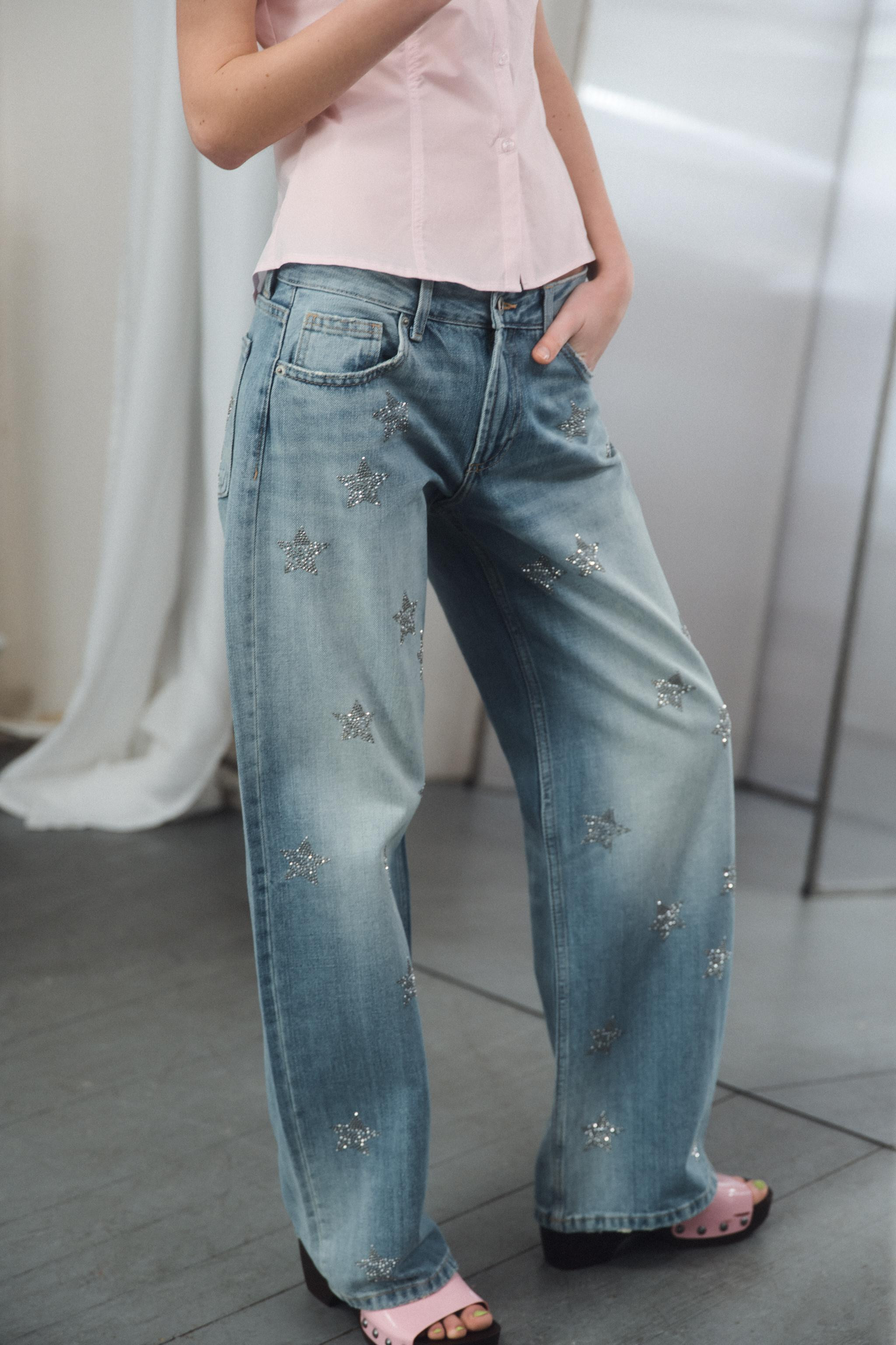 TRF LOW RISE WIDE LEG RHINESTONE JEANS | Zara US