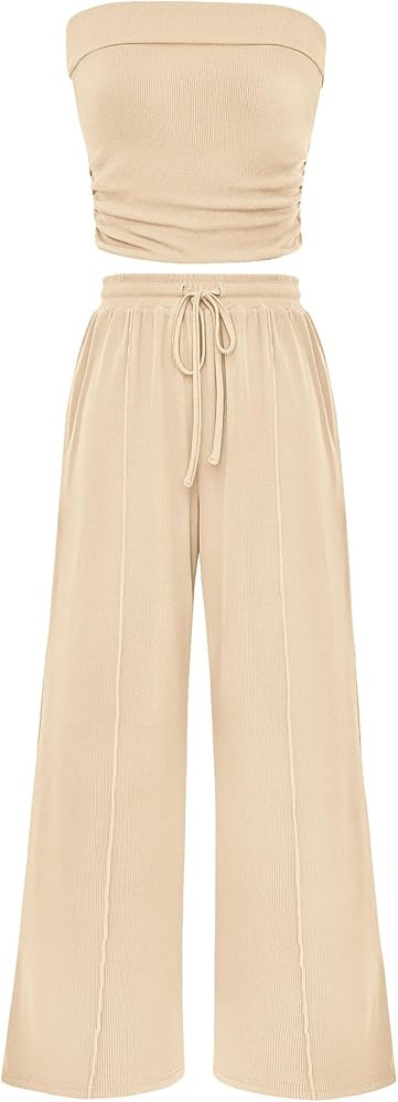 PRETTYGARDEN Womens Summer Outfits 2 Piece Sets Casual Ribbed Knit Crop Tube Top Wide Leg Pants S... | Amazon (US)