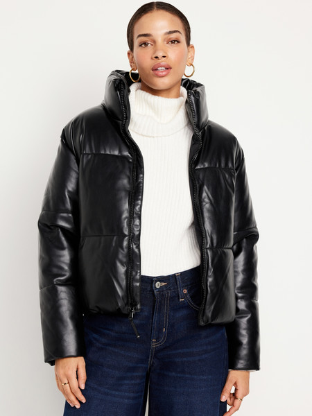 Mock-Neck Faux-Leather Puffer Jacket for Women | Old Navy (US)