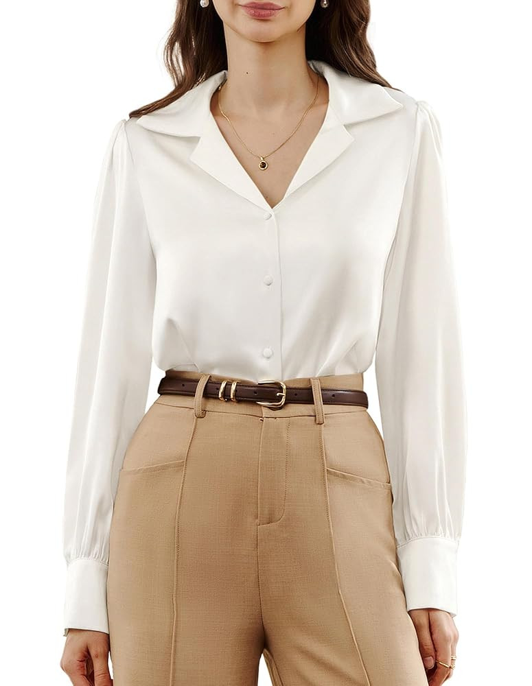 Belle Poque Women's Satin Blouses Long Sleeve Button Down Work Shirts Silk Business Casual Collar... | Amazon (US)
