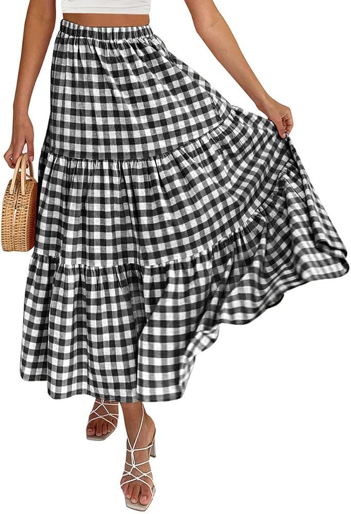 KIRUNDO Women's Casual High Elastic Waist Plaid Maxi Skirt A-Line Tiered Ruffle Flowy Swing Pleat... | Amazon (US)