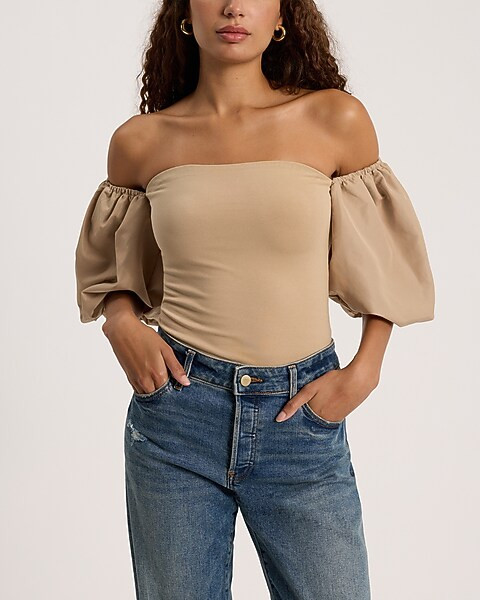 Body Contour Compression Off The Shoulder Puff Sleeve Bodysuit | Express