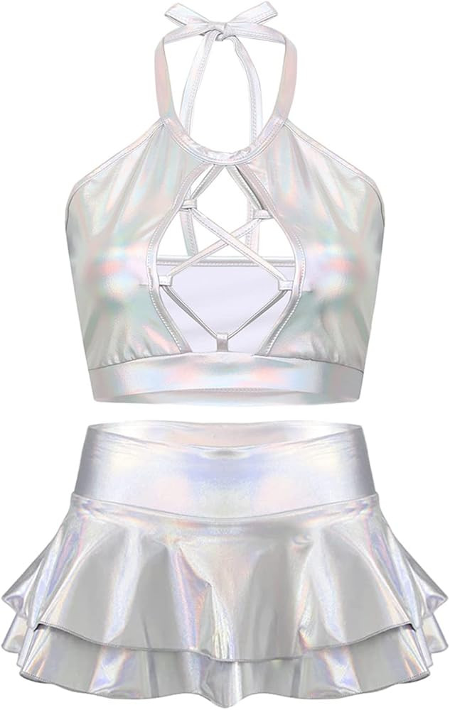 SFBBCLOZ Women's Rave Outfit Sets For Women Festivals 2 Pcs Metallic Tops Skirt EDM Party Club Ho... | Amazon (US)