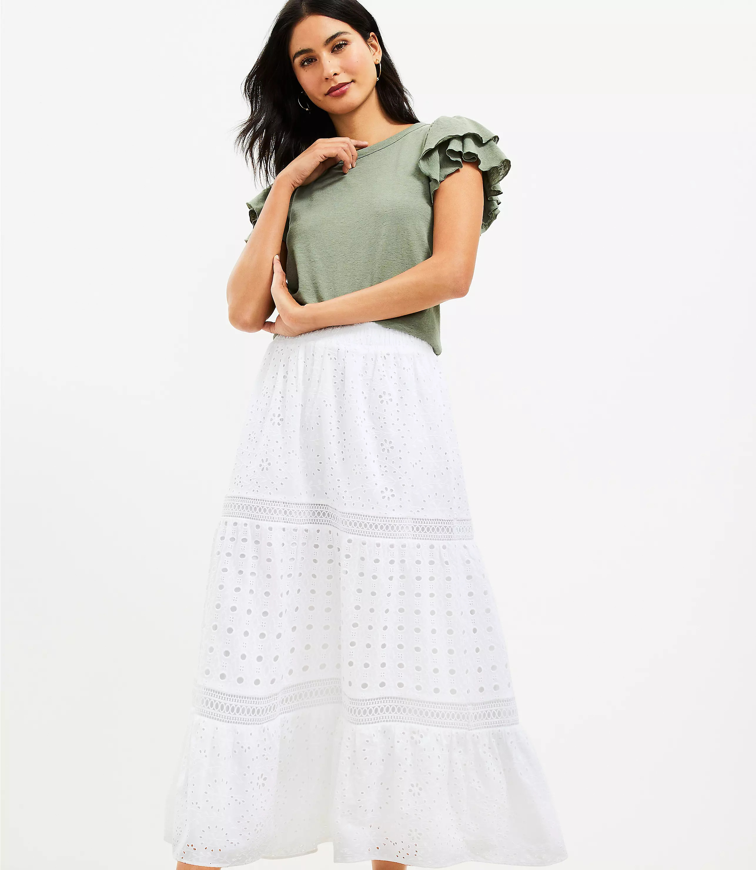 Eyelet Tiered Midi Skirt | LOFT