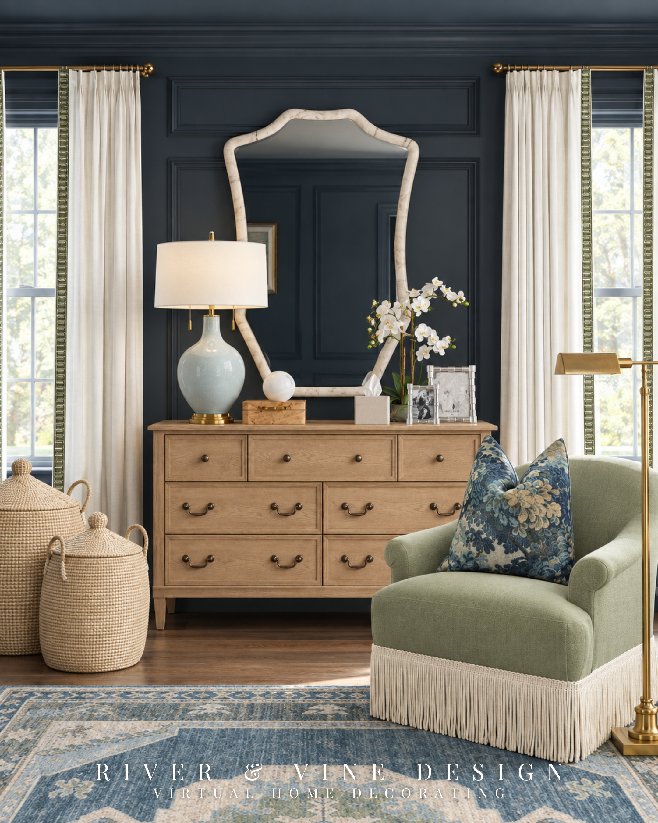 Make room for the “one more chapter” part of bedtime. This bedroom reading nook brings together a green accent chair, a brass reading lamp, and blue patterned pillows for a corner that feels thoughtfully finished.

When adding a chair to an existing bedroom, borrow a color already used in the room. Here, the green upholstery picks up the curtain trim, while the pillows connect with the blue rug and deep navy walls. That repetition makes a new piece feel like it belongs.

The light wood dresser and woven storage baskets add warmth, with a sculptural mirror giving the dresser wall its own focal point.

Find the seating, lighting, and finishing details through the product links.

bedroom reading nook ideas, green accent chair, navy and green bedroom, bedroom dresser styling, traditional bedroom decor, brass reading floor lamp, blue floral pillows, decorative storage baskets

I may receive a commission from purchases made through my links.
 

 #LTKHome #LTKKids