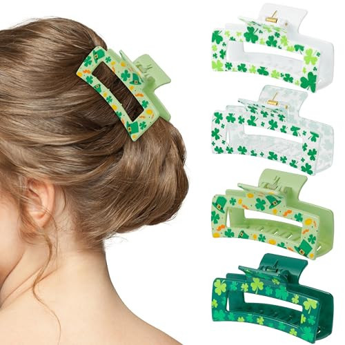 PANTIDE 4Pcs St. Patrick's Day Hair Claw Clips for Women Girls - Green Shamrock Irish Clover Lucky Rectangle Nonslip Banana Hair Clips, Thin Thick Short Long Curly Accessories, Holiday Party Gift | Amazon (US)
