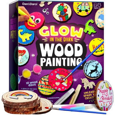 Dan&Darci Glow in the Dark Wood Painting Kit – DIY Craft with 10 Wooden Discs, Puffy and Glitter Paints, Stickers, and Gems, Craft Gift for Kids | Target