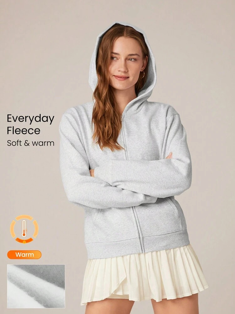 GLOWMODE Everyday Fleece Regular Zippered Long-Sleeve Hoodie Sweatshirt Jacket With Kangaroo Pocket Daily Casual Fall Winter | SHEIN