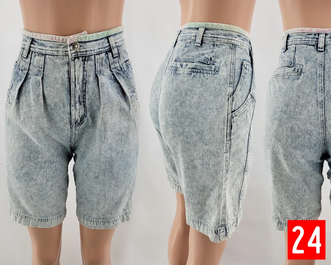 Vintage High Rise Waisted Acid Washed Pleated Denim Jean Shorts | 24" waist | Saturdays | 80's-90... | Etsy (US)