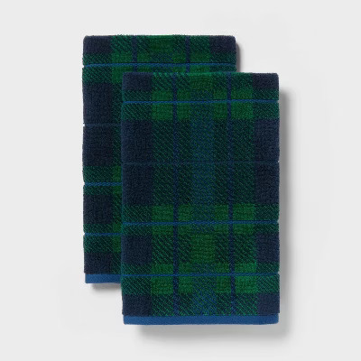 2pk Winter Wonderland Plaid Christmas Hand Towels Blue/Green - Threshold™ | Target