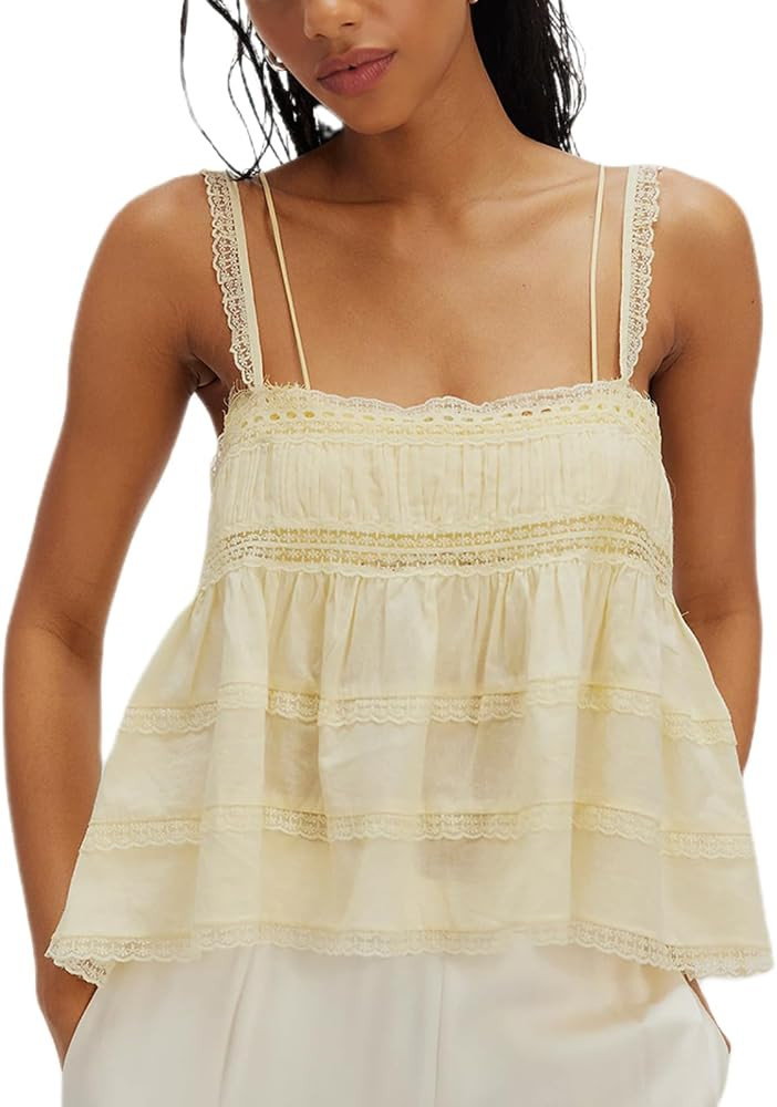 Women Y2K Solid Color Cami Top Sleeveless Lace Patchwork Ruffled Peplum Tank Top Summer Backless ... | Amazon (US)