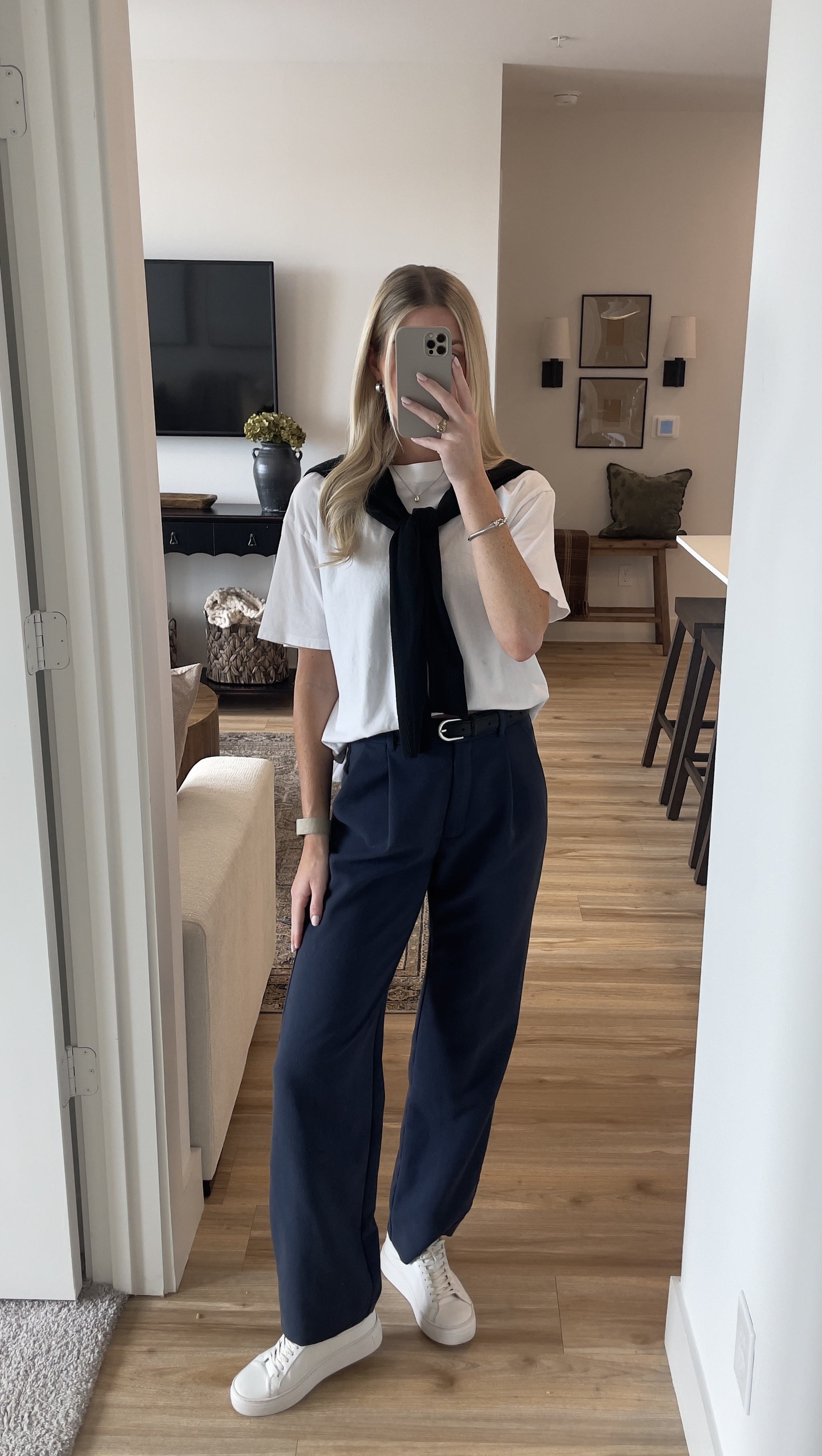 Easy Business Casual outfit ft. Navy Abercrombie trousers, white basic t shirt and white sneakers! 
Spring and summer work outfit/
workwear/ trousers outfit/ sneakers/ affordable work outfit/ amazon belt/ Amazon workwear/ Abercrombie pants/ Abercrombie finds/ capsule wardrobe/ minimalist outfit/ office outfit 

#LTKStyleTip #LTKWorkwear #LTKSeasonal