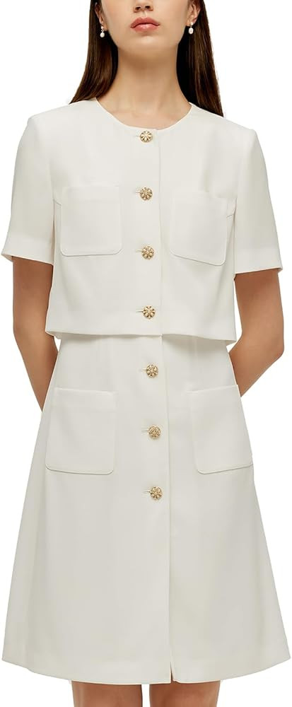 Women's Triacetate Black Mini Dress, Business Casual A Line V-Neck Button Front Dresses for Teach... | Amazon (US)