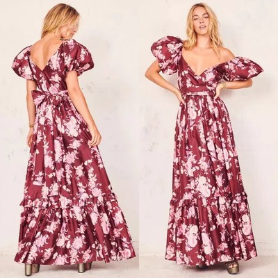LOVESHACKFANCY Ida Maroon Oxblood Floral Print Puff Sleeve VNeck Maxi Dress 4  | eBay | eBay US