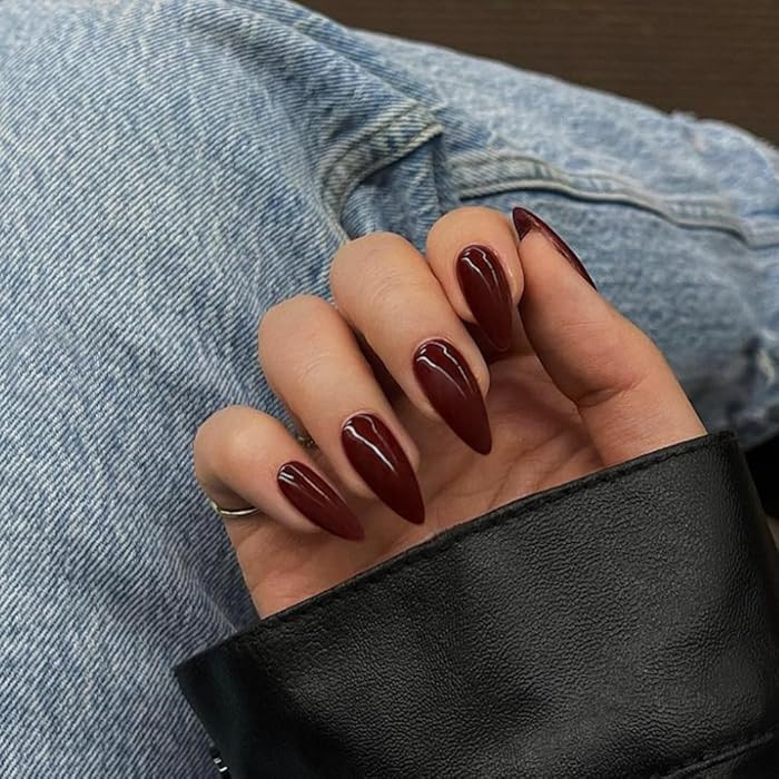 KQueenest Burgundy Press on Nails Medium Almond Stiletto, Sheer Maroon Red Fake Nails Set, Acryli... | Amazon (US)