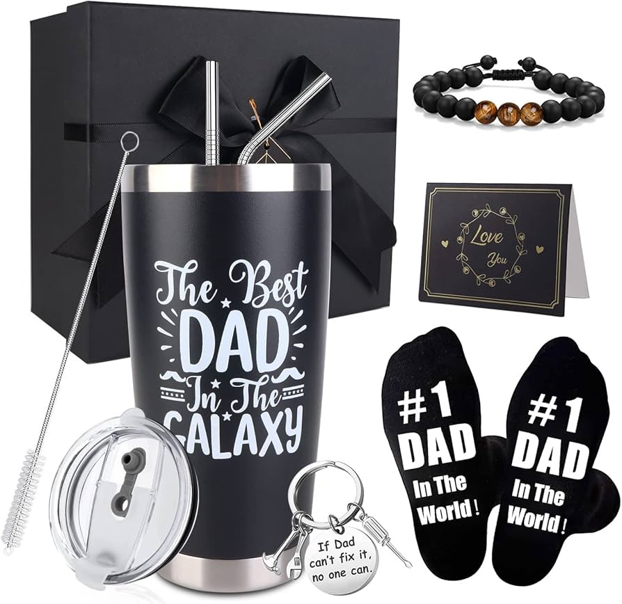 Dad Gifts, 8PCS Fathers Day Gift Includes 20oz Tumbler with Lid Straw Brush Socks Bracelet Key Ch... | Amazon (US)