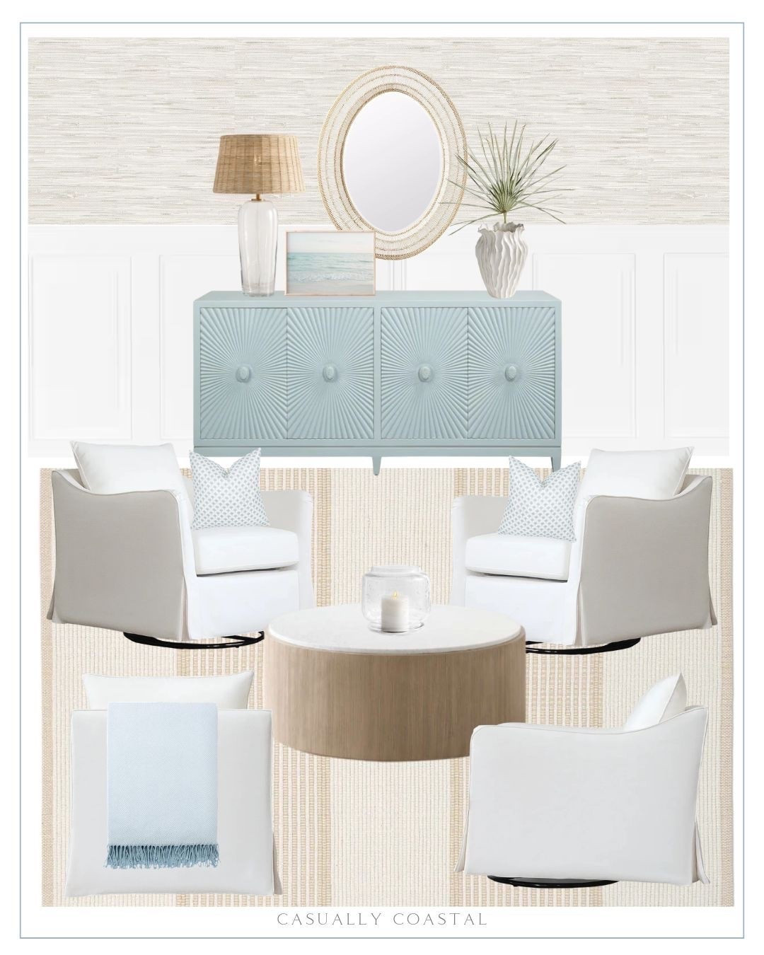 A chic but cozy coastal sitting room!
---
 Coastal home decor, coastal decor, coastal coffee table, coastal chair, coastal mirror, coastal lamp, slipcover swivel armchair, white armchairs, white accent chairs, wayfair chairs, coastal rug, neutral rug, 9x12 rugs, 8x10 rugs, light blue sideboard, coastal sideboard, coastal console table, coastal wallpaper, cream vinyl peel and stick wallpaper, marble and pine wood coffee table, round coffee table, coastal mirror, serena & lily style, oval wall mirror, decorative throw blanket, handwoven cotton rug, striped rug, woven table lamp, clear glass lamps, Etsy wall art, siesta key beach print, beach artwork,, blue palm trees pillow cover, coastal pillow cover, coastal vase, white vases, dried palm, hurricane candle holder, coffee table decor, living room decor, sideboard decor, tall white pillar candles, wayfair rug, flatweave wool beige area rug, dried palm stems

#LTKHome #LTKSaleAlert