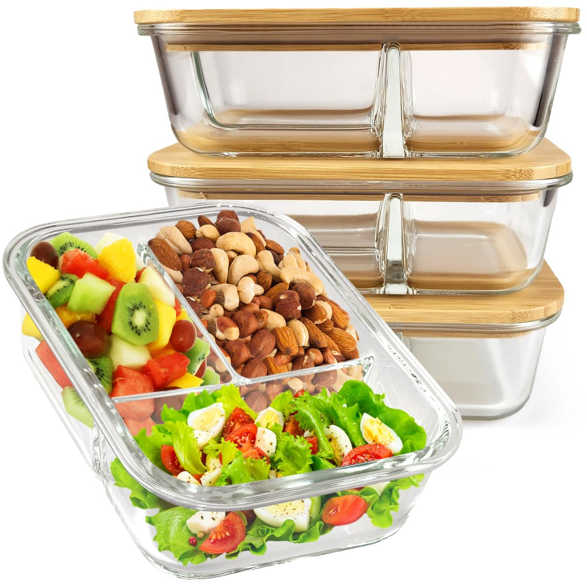 3-Compartment Glass Food Storage Containers with Lids for Lunch Storage, Glass Bento Box Set with... | Amazon (US)