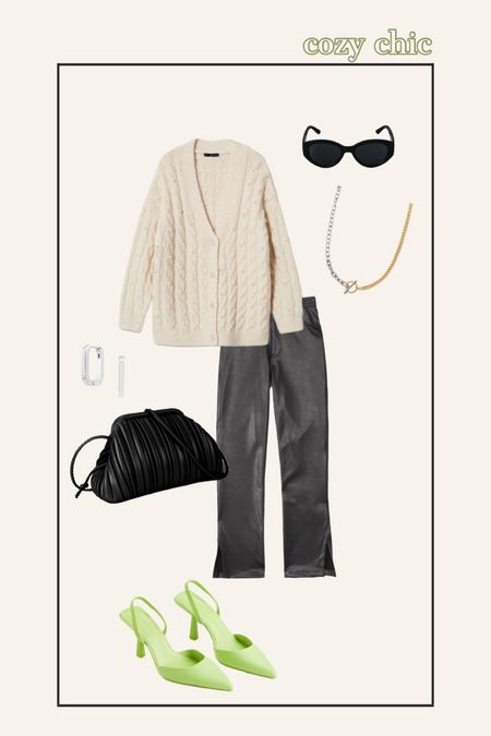 cozy winter outfit, leather pants, oversized cardigan, black pouch handbag, sling back heels, affordable fashion - Love Emmarie

#LTKshoecrush #LTKunder100 #LTKstyletip