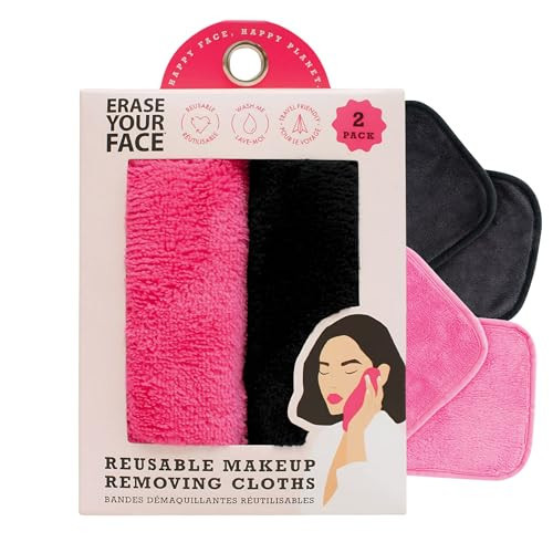 ERASE YOUR FACE Reusable Makeup Remover Cloths - Microfiber Face Towels to Cleanse & Remove Makeup - Water Activated for Sensitive Skin - Pink & Black (2 Count) | Amazon (US)