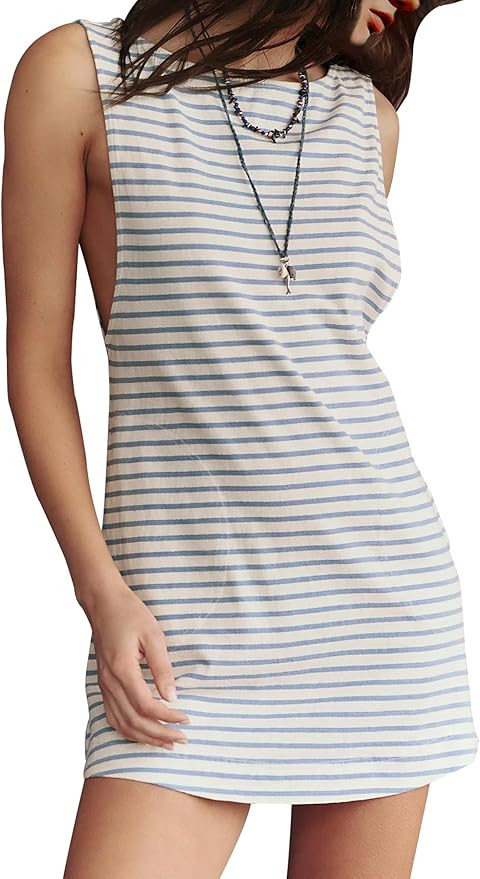 Women's Summer Mini Dress 2025 Striped Sleeveless Sundress Boat Neck Vacation Dress with Pockets | Amazon (US)