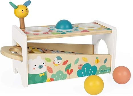 Janod Pure Tap Pastel Wooden Xylophone Pounding Bench with Cherry Wood Balls & Bee Shaped Hammer ... | Amazon (US)