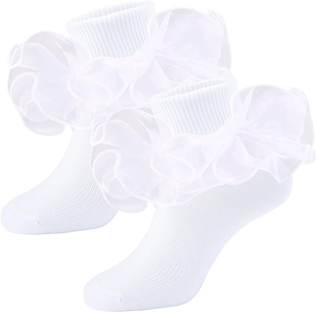 Girls Ruffle Socks Double Lace Frilly Dress Socks Kids Turn Cuff Socks for Toddler Little Girls 2... | Amazon (US)