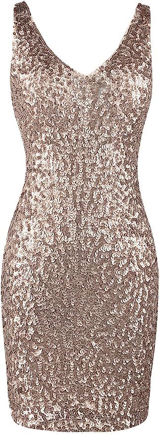 PrettyGuide Women's Sexy Deep V Neck Sequin Glitter Bodycon Stretchy Mini Party Dress | Amazon (US)