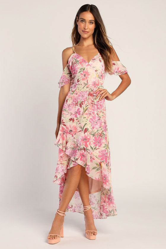 Watch Me Grow Pink Floral Print Cold-Shoulder High-Low Dress | Lulus