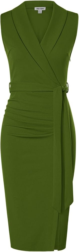 GRACE KARIN Women's Wear to Work Sleeveless Ruched Bodycon Office Pencil Midi Dresses with Belt | Amazon (US)