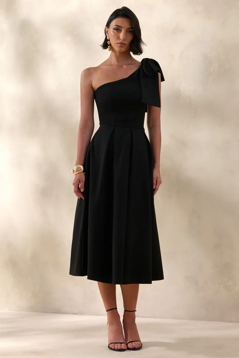 Meria  Black Asymmetric-Neck Midi Dress With Bow-Sleeve | Club L London