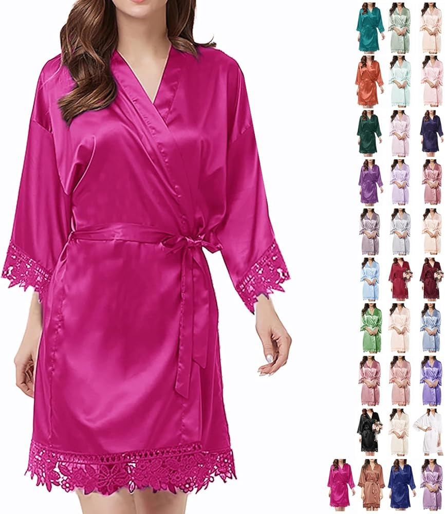 Womens Silk Robe Satin Robe Silky Kimono Lace Bathrobe Sleepwear Wedding For Bridal Bride Bridesm... | Amazon (US)