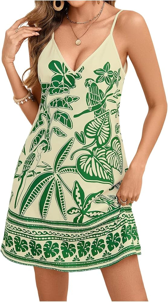 MakeMeChic Women's Boho Tropical Dress Summer Vacation Spaghetti Strap Sleeveless Floral Beach Sh... | Amazon (US)