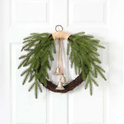 24” Holiday Christmas Pine and Bells Wreath | Nearly Natural