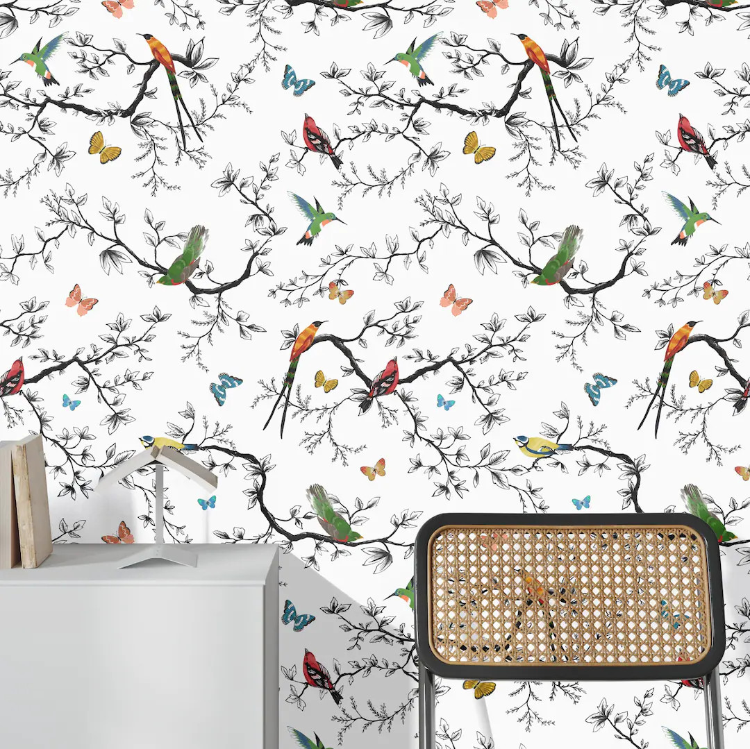 Bird and Butterfly Wallpaper for Children Room Decor, Sparrow Wall Decor in Black and White - Ets... | Etsy (US)