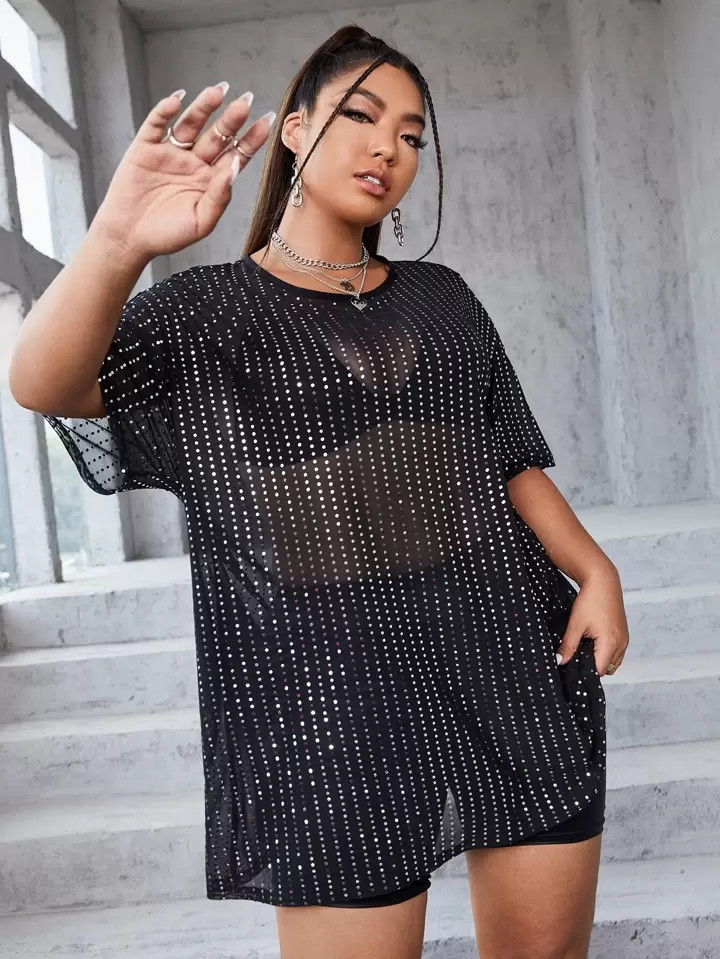 SHEIN ICON Plus Sequins Sheer Top | SHEIN