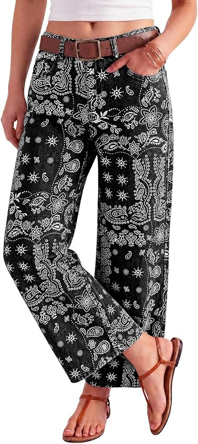 Tankaneo Womens Baggy Wide Leg Jeans Floral Print Boho High Waist Vintage Boyfriend Denim Pants w... | Amazon (US)