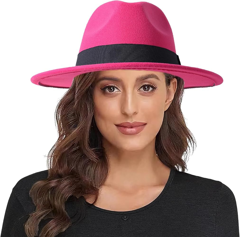Lanzom Classic Fedora Hats for Women Lady Wide Brim Felt Panama Hat with Belt Buckle | Amazon (US)