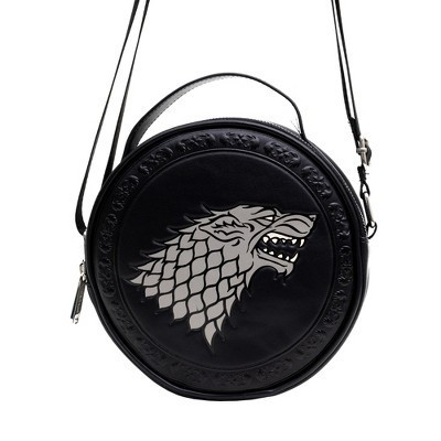 Game of Thrones Vegan Leather Round Crossbody Bag with Adjustable Straps, House of Stark Sigil Debossed and Filigree, Black | Target