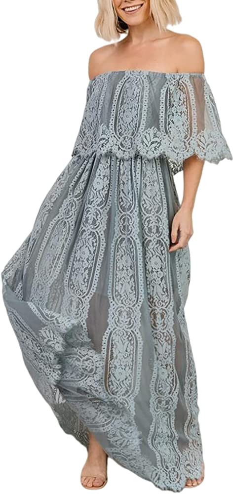 HOYISHION Women's Off The Shoulder Floral Lace Maxi Dress White Bridesmaid Wedding Party Maternit... | Amazon (US)