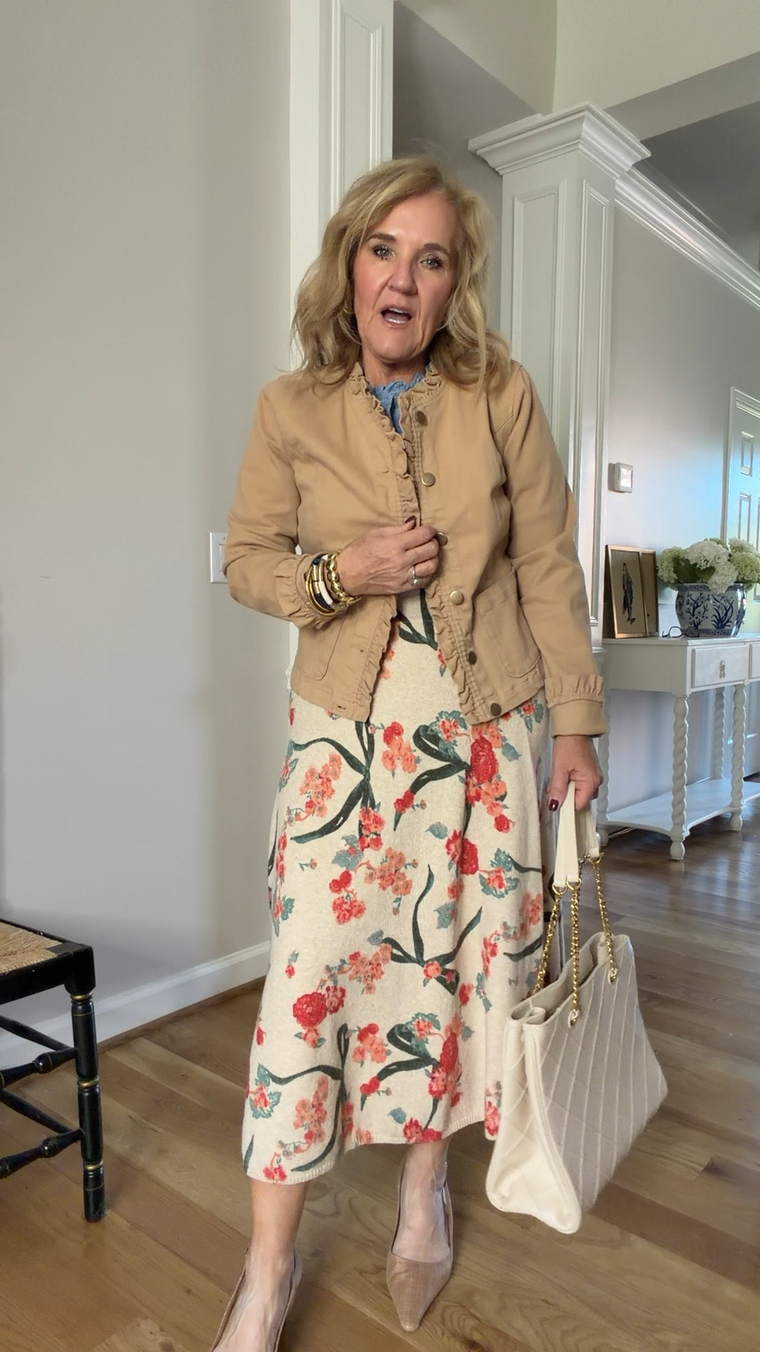 Kohls finds! 
Jacket size medium 
Skirt size small 
Chambray black size medium
Beautiful diamond stitch, quilted tote by quince 
And my favorite slingbacks  I size up a half for more room in the toe

Office outfit, work outfit sweater skirt, floral skirt, fall, floral, denim, jacket, tan denim , jacket, ruffle, trim, jacket

#LTKOver40 #LTKWorkwear #LTKSaleAlert