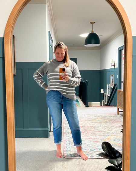 Fall outfit, Amazon fall fashion, Madewell jeans, gray striped sweater, turtleneck sweater, button shoulder sweater 

#LTKstyletip #LTKSeasonal #LTKunder50