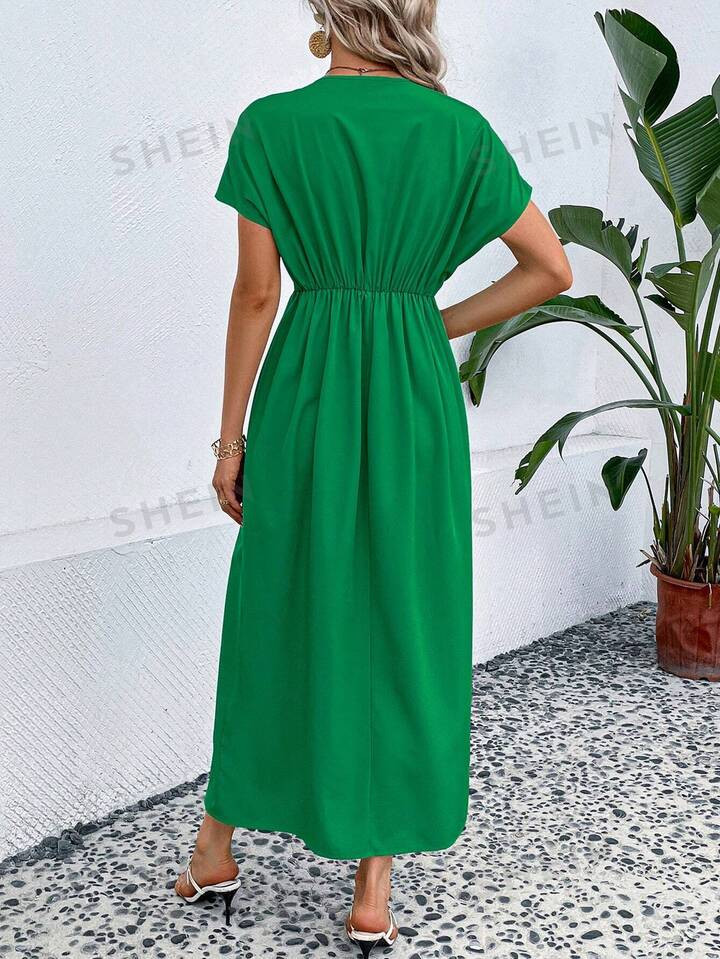 Solid Batwing Sleeve Fold Pleated Detail Dress | SHEIN