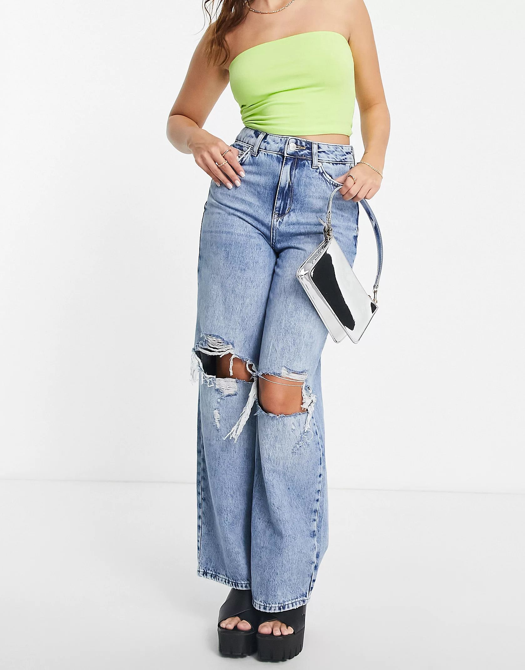 New Look Petite 90s ripped baggy jean in mid blue | ASOS (Global)