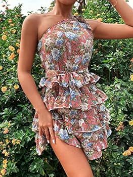 Women's Summer Boho Sleeveless Dress Random Floral Print One Shoulder Layered Hem Belt Dress | Amazon (US)