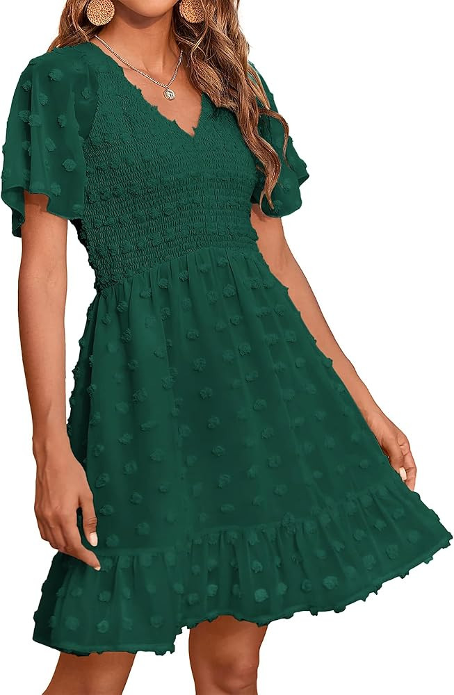 BTFBM Womens Beach Vacation Dress V Neck Short Sleeve Smocked Swiss Dot Casual Ruffle Mini Spring... | Amazon (US)