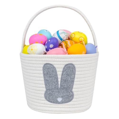 CubesLand Easter Basket for Kids Boys and Girls, Adorable Bunny Basket for Easter Egg Hunts, Soft & Safe Baby’s First Easter Basket, Sturdy Cotton Rope Empty Gift Basket, Festive Décor- Grey-Large | Amazon (US)