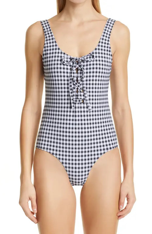 Ganni Gingham Lace-Up One-Piece Swimsuit in Black at Nordstrom, Size 8 Us | Nordstrom