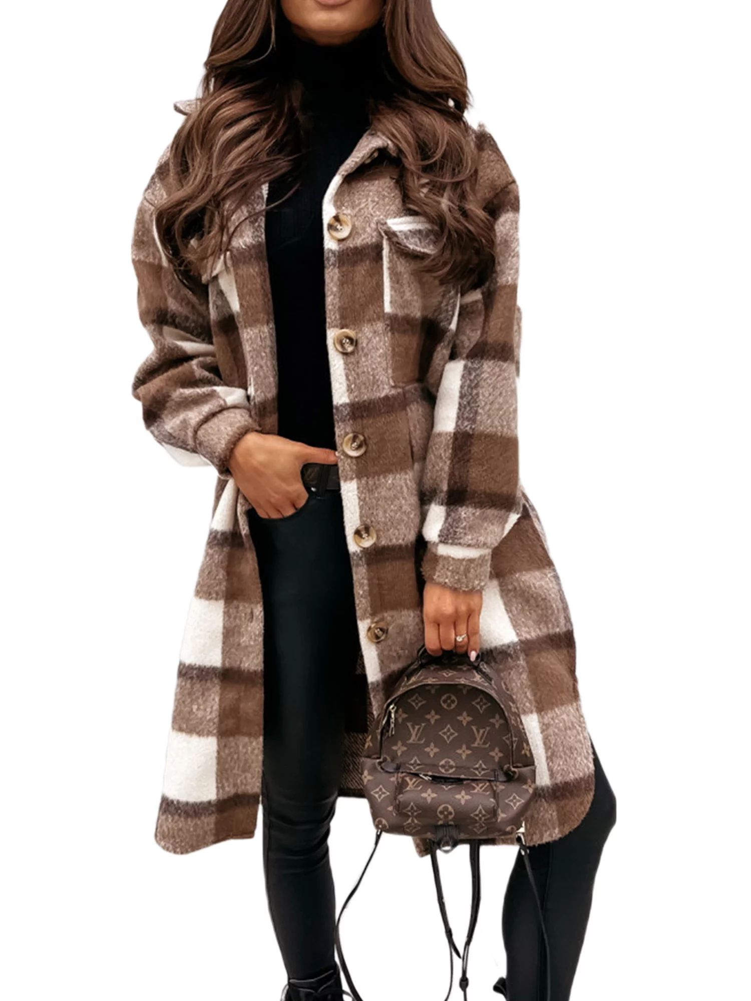 Bowanadacles Women Vintage Woolen Plaid Coat Button Down Cardigan Jacket | Walmart (US)