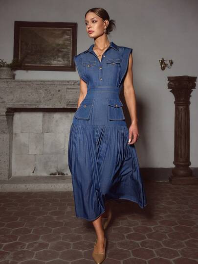 Sollinarry Women's Autumn New Denim-Like Sleeveless Pleated Pocket Dress, Office Outfits For Women, Teacher Outfits For Women Elegant Spring | SHEIN